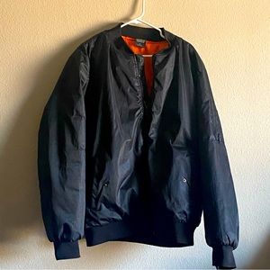 Heavyweight Over-sized Dark Navy Blue Bomber Jacket with Orange Inside